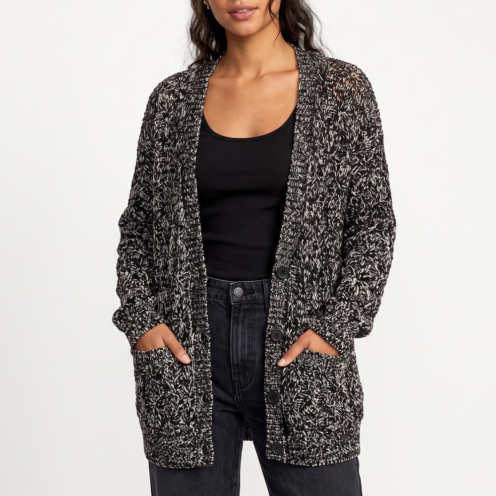 RVCA Cardigan Womens Medium Marled Knit Black White Button-Down Excellent